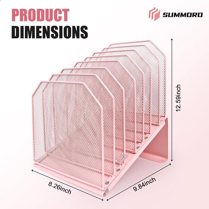 SUMMORE Inclined File Organizer for Desk, 7-Tier Vertical File Folder Holder Office Desk Organizer Metal Rack File Wire Mesh Desktop Document Sorter for Office School Classroom Home (Pink) - Image 3